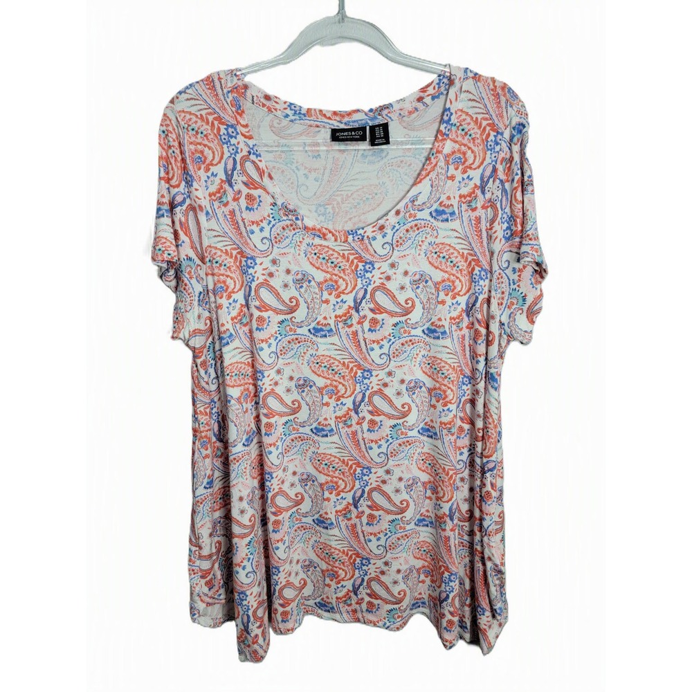 Jones New York Womens 1X T-Shirt White Orange Blue Paisley Scoop Neck Stretch
